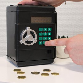 FISHTEC Electronic Money Box as Safe - Automatic Coin Counter and LCD Display - Safe Saving with Secret Code - Double Compartment for Notes