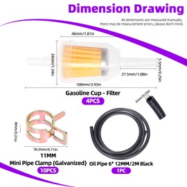 Swpeet 15Pcs 1/4 Inch ID Fuel Line Set, Including 2 Meter -6.5 Feet Length Black Fuel Line Hose with 4Pcs Fuel Filters and 10Pcs Hose Clamps for Small Engines like Tractors Mowing Machine Snow Machine