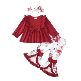 Little Girl Clothes 2T 3T Kids Outfits Bows Fluffy Long Sleeve Top Floral Pants Toddler Girls Fall Winter Outfit 2/3 Year Old Girls Birthday Gifts