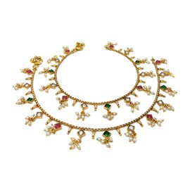 Duel On Jewel Indian Gold Plated Womens Bells Anklet Chain Payal Set in Dangle Charm Clusters of White Pearls and Red Green Stones For Beach Party Everyday Wear Gifts