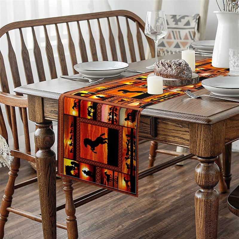 Erosebridal Horse Table Runner 13x72,Western Cowboys Table Runners Waterproof,Farmhouse Sunset