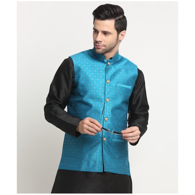 KRAFT INDIA - chamarra Nehru de seda con lunares, Azul,