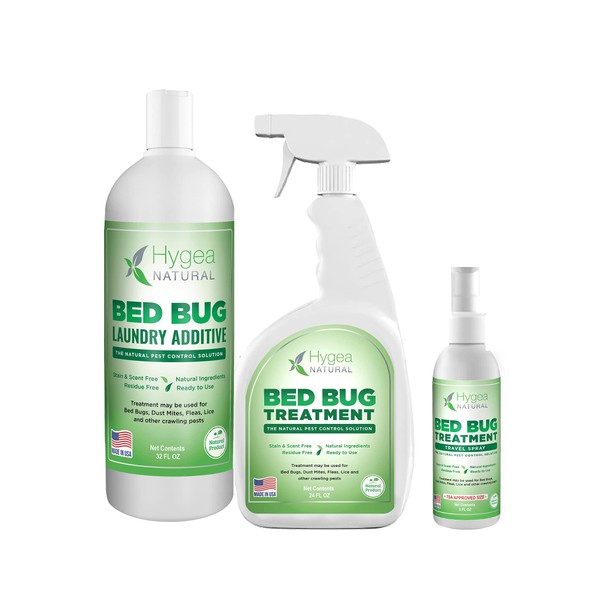 Hygea Natural Exterminator Combo Pack, Non Toxic Treatment, Natural Bugs & Lice Eradicator, Includes Spray 24 oz, Travel Spray 3 oz & Laundry Treatment 32 oz