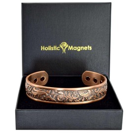 Ladies Pure Copper Magnetic Bracelet Women Copper Bangle Cuff 6 Neodymium Magnets Adjustable, Floral Pattern-PC (L: Wrist 19.5-22.5cm/7.6-8.75")