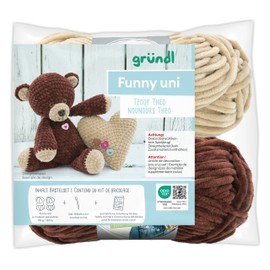Gründl Funny uni crochet toy, set of 2 x 100 g funny plain chenille yarn, 1 crochet hook and instructions in German and French (Teddy Theo)
