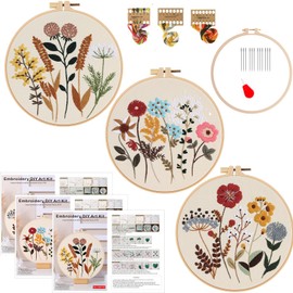 Smart-Feather 3 Sets Embroidery Kit for Beginners, Hand Embroidery Kits for Adults with Hoops, DIY Art Project Craft Kit (Flower)