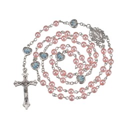 Pink Pearl Beaded Rosarios Catolicos Rosary Necklace with Holy Mary Silver Medal and Cross with Sacred Jesus Crucifix for Women and Men Faithful Catholic Gifts for First Communion or Baptism