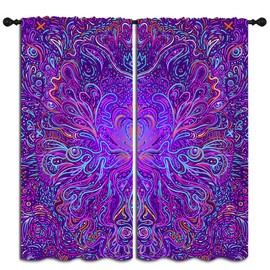 Purple Trippy Hypnotic Rod Pocket Blackout Curtains for Boy Girl Bedroom, Ethnic Indian Style Abstract Hippie and Boho Texture Light Filtering Window Drapes for Living Room Darkening, 63x63 inch