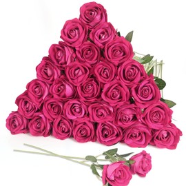30 rosas de seda artificiales de color rosa intenso con tallo largo para arreglos, bodas, fiestas, decoración del hogar