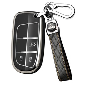 ontto TPU Car key fob cover Fit for Jeep Renegade 2014 2015 Grand Cherokee for Chrysler 300C for Fiat Remote Key Shell Holder bag keychain keyring Protector Accessories Black B
