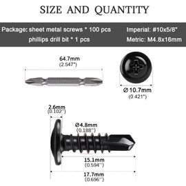 Ranstac #10 x 5/8" Phillips Drive Modified Truss Head Self Drilling Screws Black Zinc 410 Stainless Steel Quick Self Tapping Screws for Sheet Metal 100Ppcs HS/ZGLS-06