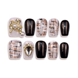 LIFOOST Handmade Nails Press On Short Coffin Sweater Pattern Ballerina False Nail Tips with Gold Charms Giltter Silver Gold Black Lattice Design Stick On Nails 10 Pcs, Size S