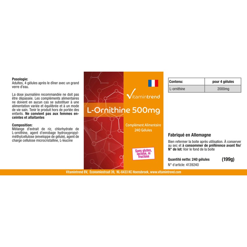 L-Ornithine 500 mg – 240 Capsules – Vegan – High
