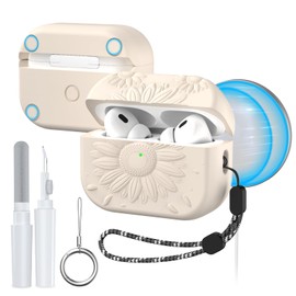 TUDIOW for AirPods Pro 2nd/1st Generation Case, Magnetic Lid Compatible with MagSafe, Flower Engraved Airpods Pro 2&1 Gen Soft Silicone Protective Cover with Cleaner Kit&Keychain&Lanyard (Off White)