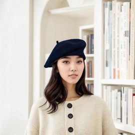 Classic French Beret for Women, Vintage Soft Stretchable Beanie, Lightweight and Elegant Solid Winter Hat, Universal Size (UK, Numeric, 7, 7 1/4, Navy Blue)