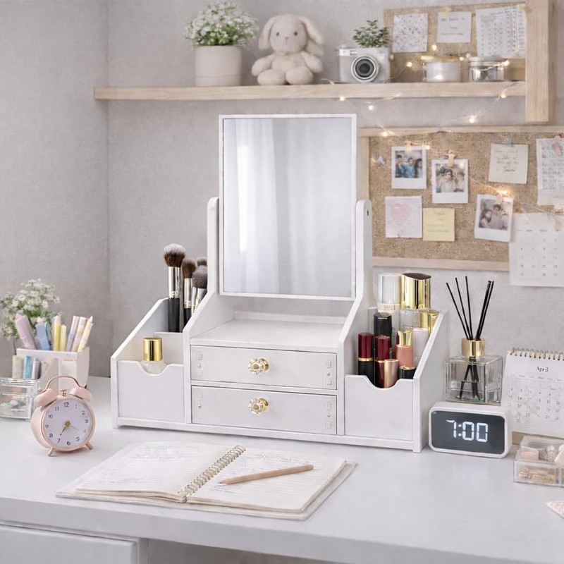 Polpcygne Makeup Organizer with Square Mirror, Vanity Organizer with Drawers