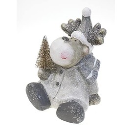 TEMPELWELT Decorative Figurine Reindeer Elk 13 cm Ceramic Grey Brown White Glitter Funny Decorative Figure Elk Reindeer Figure with Fir Winter Decoration Christmas Decoration