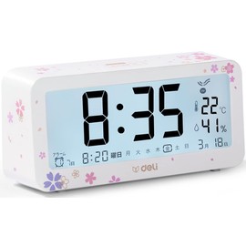 Deli Alarm Clock, Radio Clock, Cherry Blossom Pattern, Large Letters, Bright Screen, Thermometer, Hygrometer, Multi-Functional Digital Clock, Quiet, Snooze Function, Compact, Simple, Fashionable Appearance, Easy Operation, Table Clock (5.7 inches (14.6 c