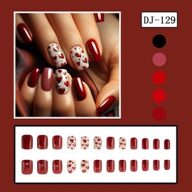 LPOODDNU Valentine’s Day Press on Nails Short Glossy Red Heart Fake Nails Full Cover 3D Diamond Red Valentine’s Glue on Nails Square Shape Acrylic Nails Press ons Valentine Stick on Nails for Women