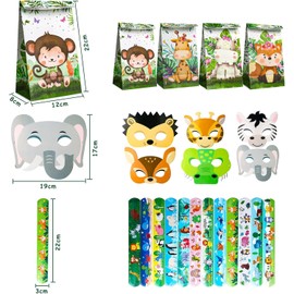 98pcs Safari Favor Set, Jungle Animals Keychain Snap Bracelet Stickers Gift Bags Masks, Jungle Party Accessories, Children Animals Birthday Favors