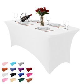 Hussome 1Pc White Table Cloth for Rectangle Table White tablecloths Rectangular Fitted Tablecloth Stretch Spandex Table Covers 6ft for Birthday, Cocktail, Banquet Outdoor Party Table