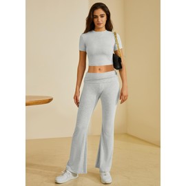 COPYLEAF COPYLEAF Two Piece Lounge Sets for Women Fold Over Flare Pants Short Sleeve Crop Top Y2k Outfits Matching Set Tracksuit(Light Grey S)