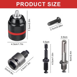Keyless Chuck 1.5-13 mm 1/2-20UNF Drill Chuck Adapter with SDS Adapter Accessories, 1/2 Key Sleeve, SDS Shank, 1/4 Hex Shank, Drill Chuck for Impact Wrenches