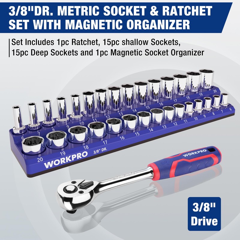 WORKPRO 32-Piece 3/8-inch Drive Metric Sockets and Ratchet-Including 30 Metric