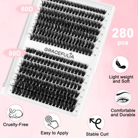 Fluffy Lash Clusters 60D+80D Thick Eyelash Clusters D Curl By GRACEFULIA Wispy Individual Lashes 9-16mm Cluster Eyelash Extensions 280pcs False Eyelashes DIY Volume Lash Extension at Home