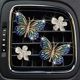 4 Pcs Blue Bling Butterfly Air Vent Clips, Crystal Daisy Car Air Fresheners Vent Clips Car Diffuser Vent Clip Rhinestone Diamond Flower Decoration Car Decor Bling Accessories for Women