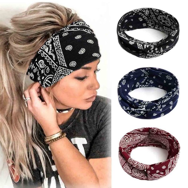 Zoestar Boho Criss Cross Headbands Black Yoga Head Wraps Vintage Twisted Head Scarves Stylish Elastic Hair Bands for Women (Pack of 3) (A)