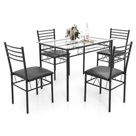 NAFORT 5-Piece Dining Table Set for 4, Modern 3/8'' Tempered Glass Kitchen Room Table with 4 Upholstered Dining Chairs, Space-Saving Dinette Tables with Metal Frame for Apartment, Office