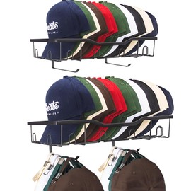Decorelement Metal Hat Rack with Hooks for Caps, Wall Mounted Baseball Cap Organizer Holder 30 Caps Each, Multi-Hat Storage Shelf with 2 "L Shape Hangers for Wall, 2 Pack Large capacity (Black)