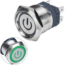 15Amp Latching Push Button Switch IP67 Waterproof 22mm 12V-24V On Off DPST Stainless Steel 304 with LED for 7/8" Hole with Wire Socket Plug (Green)