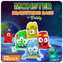 Podzly 12 Monster Themed Drawstring Bag Party Supplies - Monster Party Favors Backpack