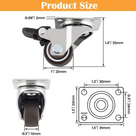 HOWDIA 1" Caster Wheels Low Profile Casters Set of 4 Heavy Duty, 360 Degree Rotation Furniture Casters Top Plate Soft Rubber Wheels for Furniture, 100 Lb Total Capacity(2 with Brakes & 2 Without)