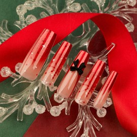 Christmas Press on Nails 3D Black Bow Glue on Nails Glossy Gradient Snowflake False Nails Red French Tip Acrylic Nails Extra Long Square Winter Xmas Fake Nails for Women Girls