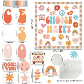 ZOiiWA Groovy Retro Bulletin Board Decoration Groovy Hippie Classroom Decoration Set Boho Choose Happy Bulletin Board Set School Bus Guitar Cutouts for School Home Office Wall Decor