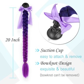 SEGO 2 Pcs Helmet Pigtail Braids with Detachable Suction Cup with Bowknot Ponytails Hair for Women/Men 20 Inch 2 PCS/Pack (Helmet not Included)-Dark Blue to Purple