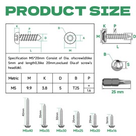 HXJDAM Pack of 100 Tapping Screws Stainless Steel M5 x 20 mm Rounded Head Screws A2 V2A Flat Head Torx Screws Wood Screws Round Head Screws Full Thread Self-Tapping Screws Stainless Steel with Bit