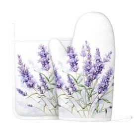 Oven Mitts and Pot Holders Lavender Watercolor Flower Floral Silicone Kitchen Accessories Set of 2 Heat Resistant Long Gloves Potholder Non-Slip Grip for Chef Cooking,Baking,Grilling,BBQ