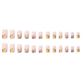 Flower Press on Nails Short Medium Fake Nails with Floral French Tip Designs Square False Nails Glossy Acrylic Nails Press ons Nude Full Cover Glue Stick on Nails for Women 24 Pcs