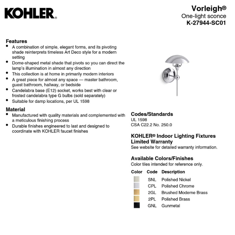 Kohler Vorleigh 1-Light Polished Brass Wall Sconce 27944-SC01-2PL