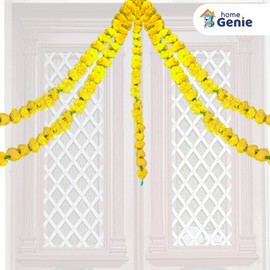 Home Genie Genda Phool Artificial Marigold Fluffy Flower/Genda Phool Garlands String for Diwali, Navratri, Durga Pooja Festival, Office Decoration - Pack of 5 - Yellow