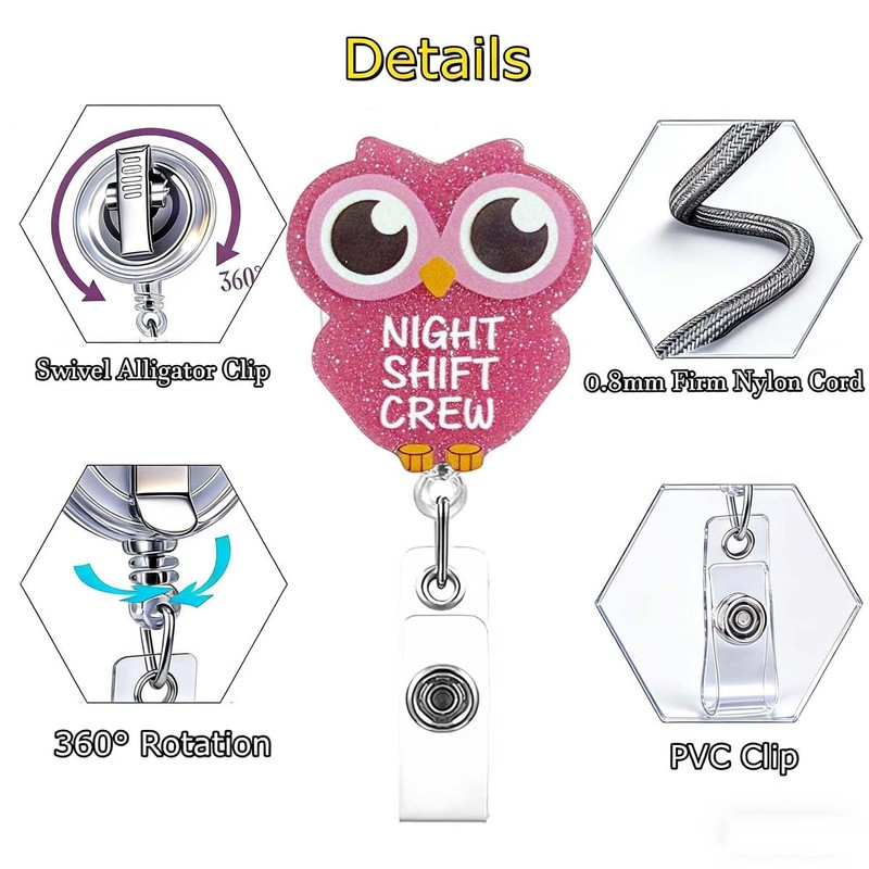 Cute ID Badge Reel Pink Owl Badge Holder with 360°Claw