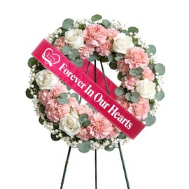 Elegant Funeral Wreath Sash – Funeral Sash Memorial Wreath Sash Funeral Ribbon Celebration,Forever in Our Hearts Memorial Ribbon for Graves & Wreaths (Pink)