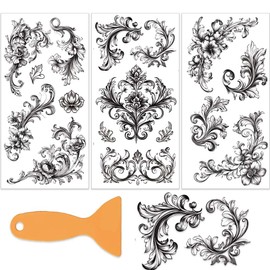 OLYCRAFT 3Pcs/Set Black Border Rub on Transfers for Furniture and Crafts 6x12 Inch Vintage Flower Corner Furniture Transfer Stickers Vine Decal with 1pc Scraper for Wood Furnitures Decor Scrapbooking