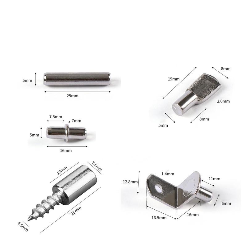 cSeao 125Pcs Shelf Pins Kit, 5 Styles Nickel Plated Shelf