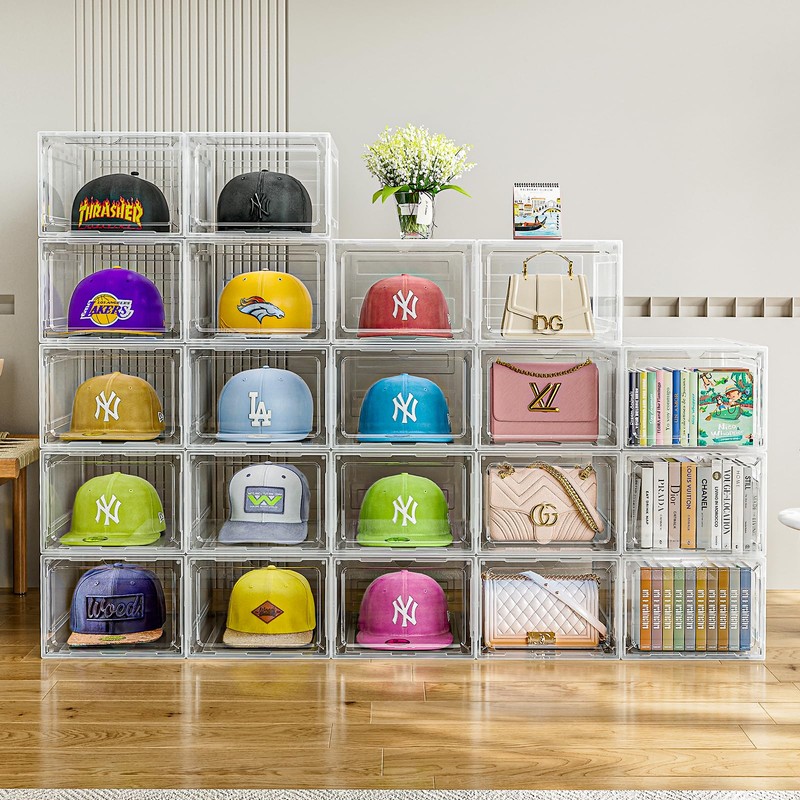 Hat Organizer Box for Baseball Caps, 6 Pack Clear Plastic