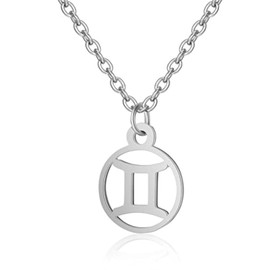 Silver Star Sign Circle Pendant Chain Necklace - Gemini (21st May - 21st June) - Zodiac Constellation Horoscope Celestial Astrology Jewellery - Women Men Gift